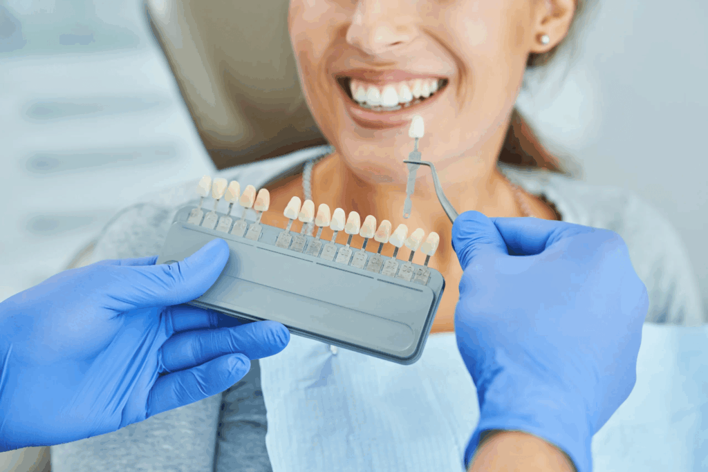 Dentista comparando el color de los dientes de una paciente con la guía de colores