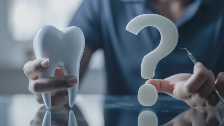 Manos sosteniendo un diente y un signo de interrogación