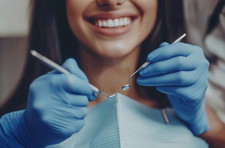Paciente sonriendo mientras el dentista revisa sus dientes con espejo y sonda